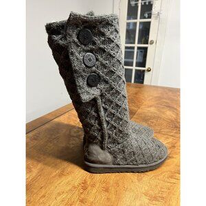 Ugg Women's 7 Classic Cardy Gray Knit Sweater Tall Knee High Boots Button Cozy